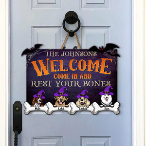 Personalized Halloween Witch Dog Welcome Wood Sign, Come In And Rest Your Bones - Wood Sign - GoDuckee