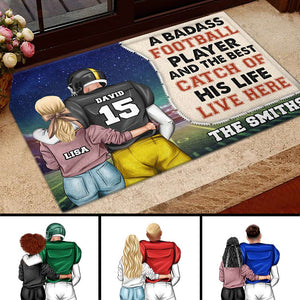 Personalized Football Couple Doormat - A Badass Football Player & The Best Catch Of His Life Live Here - Doormat - GoDuckee