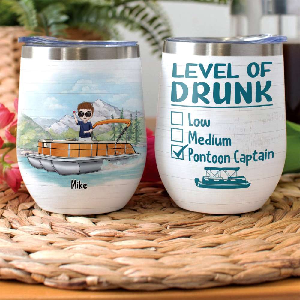 Personalized Pontoon Captain Wine Tumbler - Level Of Drunk - Custom Pontoon Boat - Wine Tumbler - GoDuckee