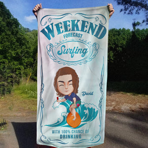 Weekend Forecast Surfing With 100% Chance Of Drinking - Personalized Beach Towel - Beach Towel - GoDuckee