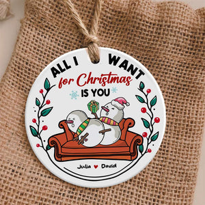 Funny Rude Snowman Couple All I Want For Christmas Is You Personalized Ceramic Circle Ornament - Ornament - GoDuckee