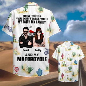 Personalized Biker Couple Hawaiian Shirt - Three Things You Don't Mess With - Cactus Pattern - Hawaiian Shirts - GoDuckee