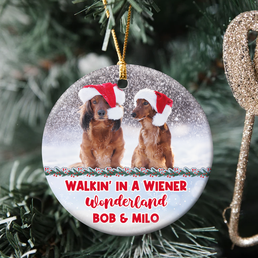 Dog Walking In Wiener Wonderland, Personalized Ceramic Circle Ornament - Ornament - GoDuckee