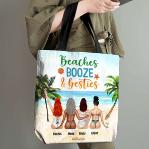 Beaches Booze & Besties - Personalized Tote Bag - Gift For Friends/Besties - Summer Friends Sitting Together Back View frd2104 - Tote Bag - GoDuckee