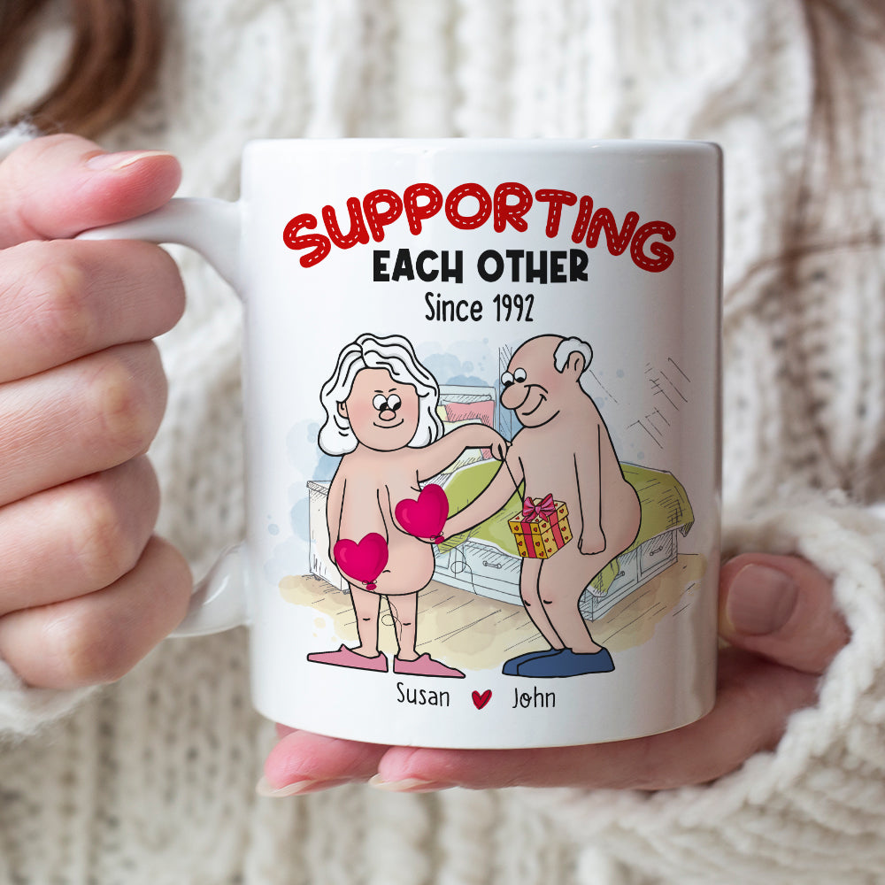 Supporting Each Other, Old Funny Couple Valentine White Mug - Coffee Mug - GoDuckee