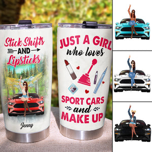 Personalized Sport Car Tumbler - Just A Girl Who Loves Sport Cars And Make Up, Stick Shift and Lipsticks - Tumbler Cup - GoDuckee