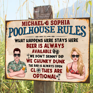 Personalized Pool Couple Printed Metal Sign - Poolhouse Rules - Metal Wall Art - GoDuckee