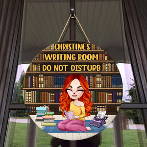 Writing Room Do Not Disturb - Personalized Round Wooden Sign - Gift For Book Lover - Wood Sign - GoDuckee