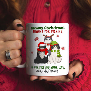 Meowy Christmas Thanks For Picking Up Our Stuff, Personalized Cat Christmas Mug, Christmas Gift - Coffee Mug - GoDuckee