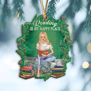 Reading Is My Happy Place Personalized Wood Ornament, Christmas Gift - Ornament - GoDuckee