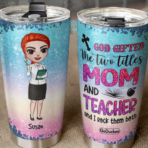 Personalized Teacher Dolls Tumbler - Two Titles Mom And Teacher - Chibi Teacher Front View - Tumbler Cup - GoDuckee