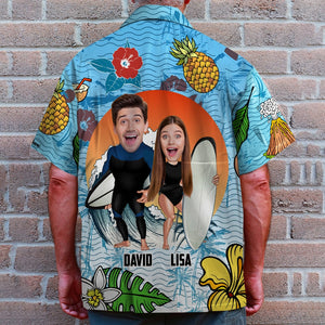 Custom Surfing Hawaiian Shirt and Men Beach Shorts - Laughing Couple - Hawaiian Shirts - GoDuckee