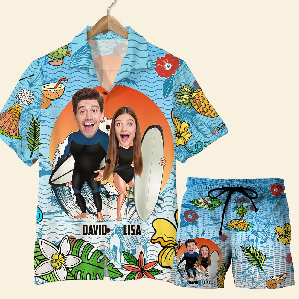 Custom Surfing Hawaiian Shirt and Men Beach Shorts - Laughing Couple - Hawaiian Shirts - GoDuckee