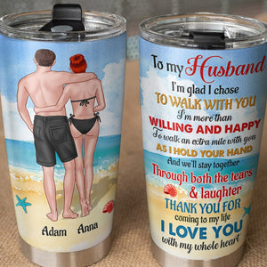 Beach Couple I'm Glad I Chose To Walk With You Personalized Tumbler Cup Gift For Couple - Tumbler Cup - GoDuckee