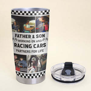 Father & Son Working On And Racing Cars Partners For Life - Custom Racing Dad Tumbler - Gift For Family - Tumbler Cup - GoDuckee