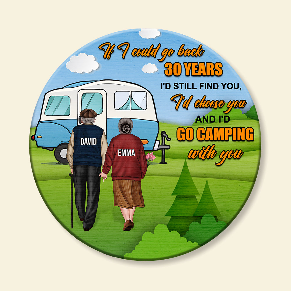 If I Could Back To - Personalized Round Wooden Sign - Gift For Couple - Old Couple Hand In Hand Back View - Wood Sign - GoDuckee