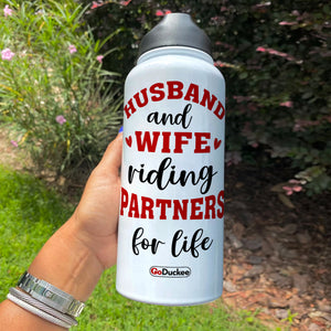 Personalized Cycling Couple Water Bottle - Husband And Wife Riding Partners For Life - Cycling Front View - Water Bottles - GoDuckee