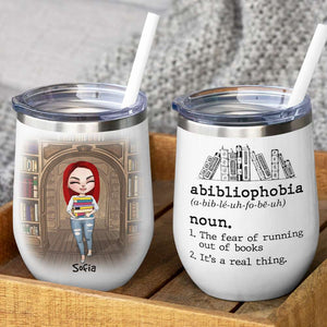Personalized Library Girl With A Stack of Books Wine Tumbler - Abibliophobia - Wine Tumbler - GoDuckee