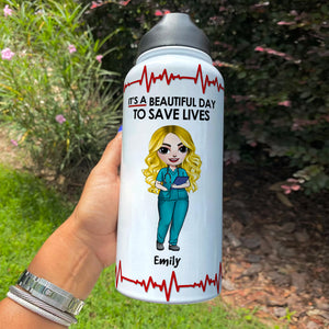 Personalized Nurse Dolls Water Bottle - It's A Beautiful Day To Save Lives - Water Bottles - GoDuckee