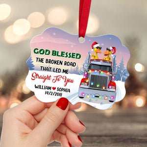 God Blessed The Broken Road - Personalized Christmas Ornament - Gifts for Couple Trucker - Duck Couple Wearing Sunglasses - Ornament - GoDuckee