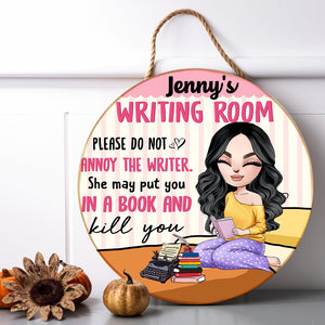 Please Do Not Annoy The Writer - Personalized Round Wooden Sign - Gift For Book Lover - Wood Sign - GoDuckee