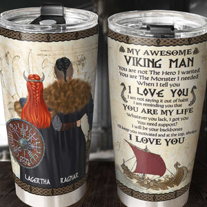 Personalized Viking Couple Tumbler - My Awesome Viking Man - Viking Couple Hugging Back View - Tumbler Cup - GoDuckee