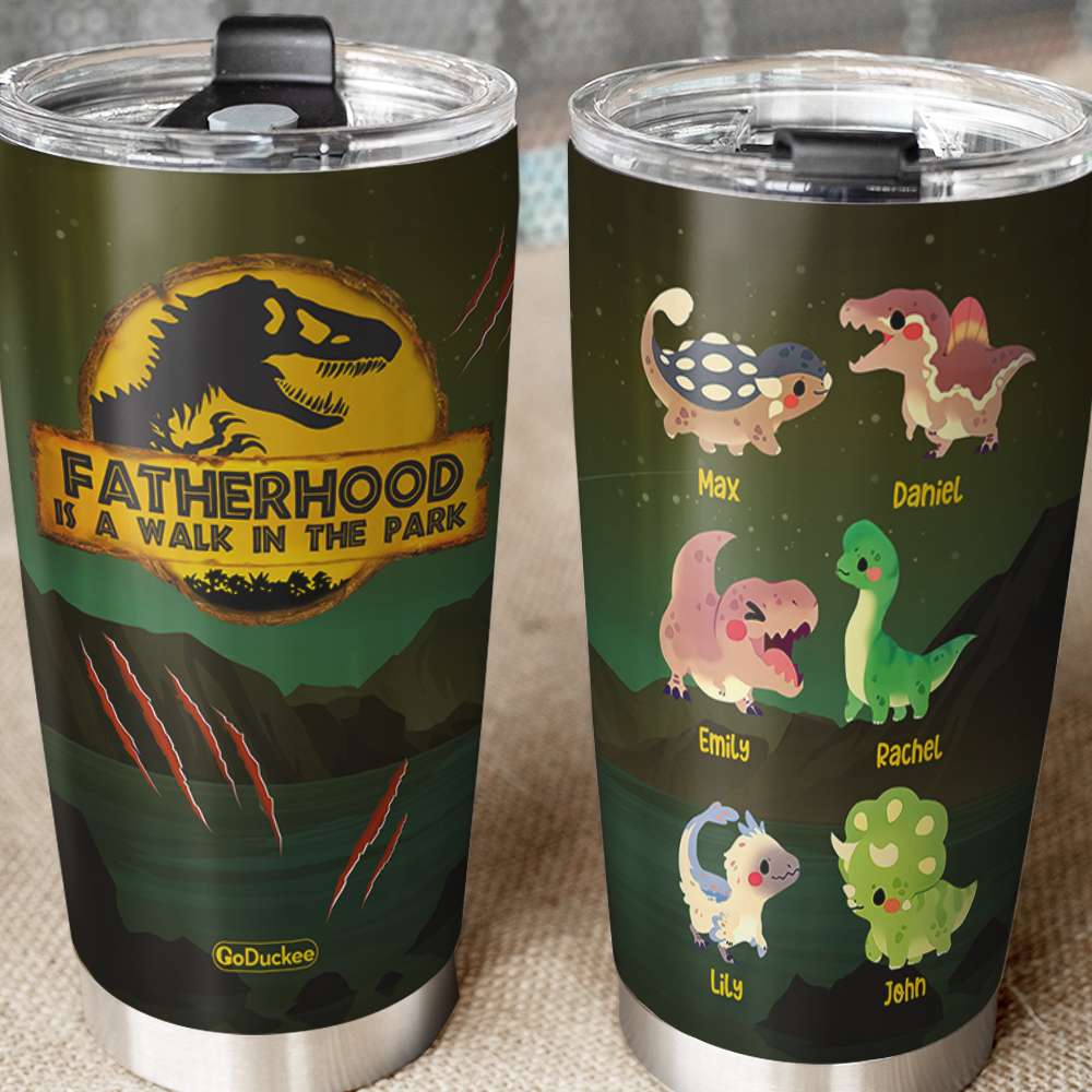 Fatherhood Is A Walk In The Park Jurassic W. - Personalized Tumbler Cup - Father's Day Gifts For Dad - Dinosaur Dad and Dino Kids - Tumbler Cup - GoDuckee