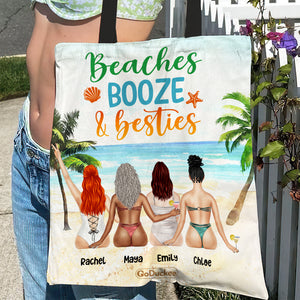 Beaches Booze & Besties - Personalized Tote Bag - Gift For Friends/Besties - Summer Friends Sitting Together Back View frd2104 - Tote Bag - GoDuckee