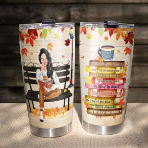 Girl Reading Under Fall Leaves, Personalized Book Girl Tumbler - Custom Book Titles - Tumbler Cup - GoDuckee