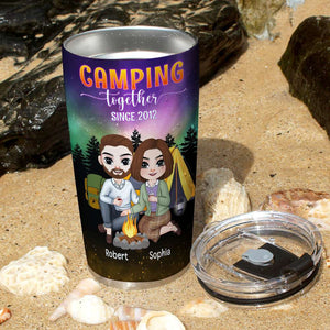 Let's Sit By The Campfire And Watch People Park Their Campers, Couple Drinking Personalized Tumbler - Tumbler Cup - GoDuckee