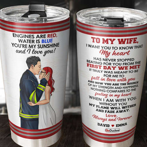 Personalized Firefighter Couple Tumbler - To My Wife You're My Sunshine - Couple Hugging And Kissing Side View - Tumbler Cup - GoDuckee