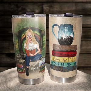 J. R. R. Tolkien Tumbler - Personalized A Sitting Girl Reads Book - Tumbler Cup - GoDuckee