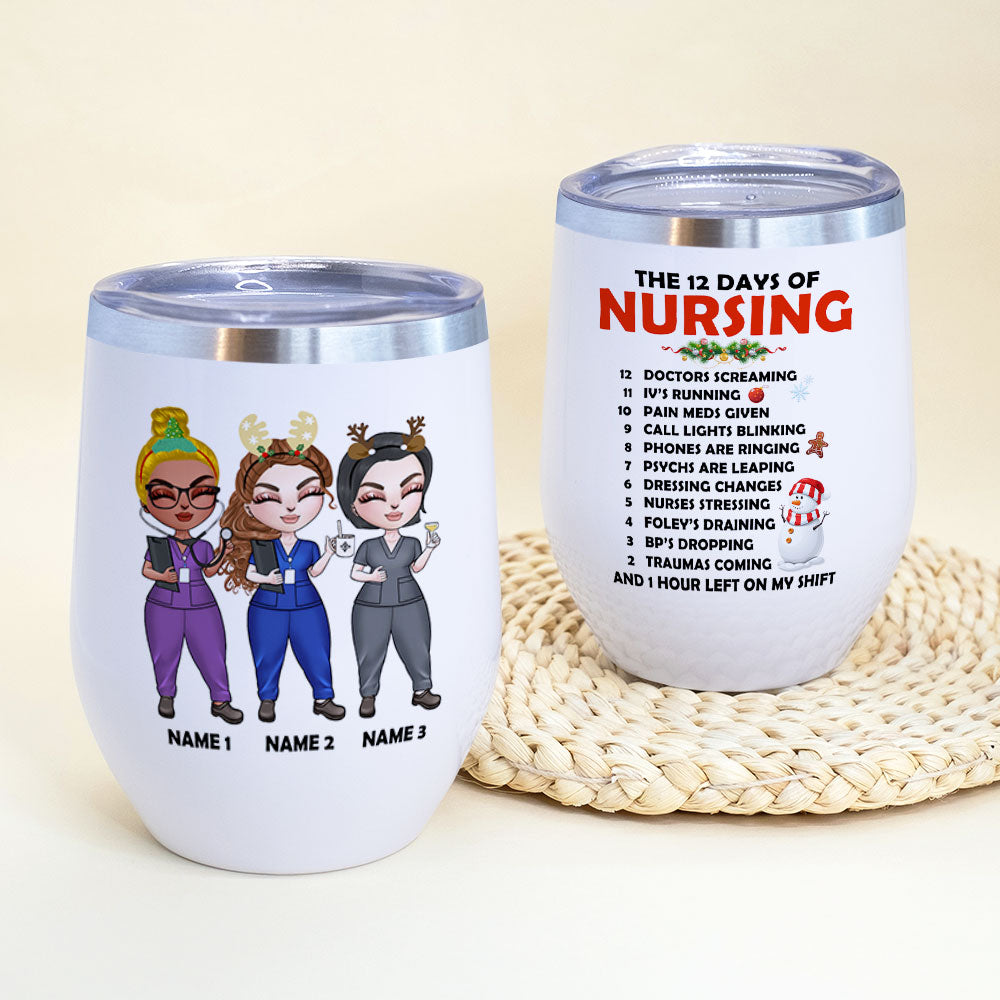 Personalized Nurse Bestie Dolls Wine Tumbler - The 12 Days Of Nursing - Christmas Theme - Wine Tumbler - GoDuckee