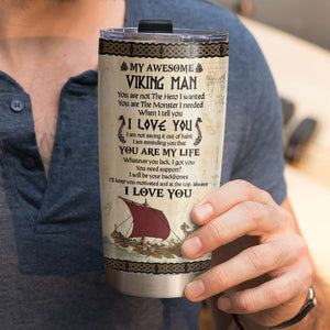 Personalized Viking Couple Tumbler - My Awesome Viking Man - Viking Couple Hugging Back View - Tumbler Cup - GoDuckee
