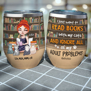 Personalized Reading Girl & Cat Breeds Wine Tumbler - Just Want To Read Books With My Cats - Library Room BOOK2104 - Wine Tumbler - GoDuckee
