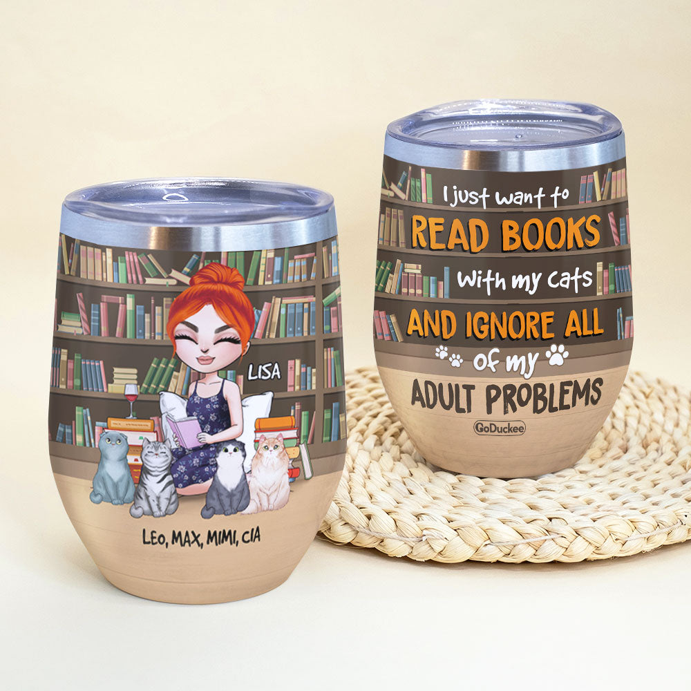 Personalized Reading Girl & Cat Breeds Wine Tumbler - Just Want To Read Books With My Cats - Library Room BOOK2104 - Wine Tumbler - GoDuckee