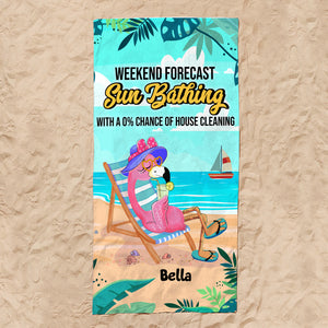 Weekend Forecast Sunbathing Flamingo - Personalized Beach Towel, Flamingo Beach Towel - Funny Flamingo Gifts for Her - Beach Towel - GoDuckee