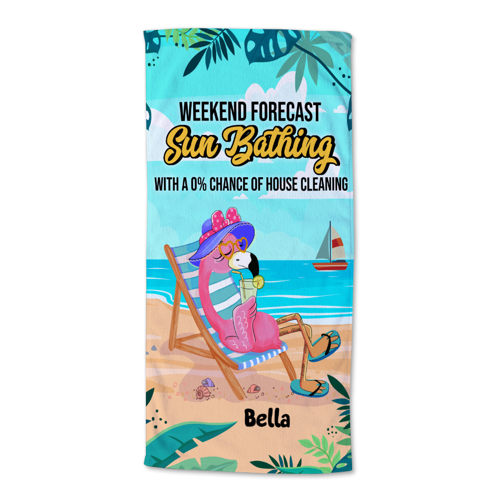 Weekend Forecast Sunbathing Flamingo - Personalized Beach Towel, Flamingo Beach Towel - Funny Flamingo Gifts for Her - Beach Towel - GoDuckee