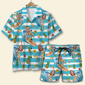 Custom Surfing Couple Hawaiian Shirt and Men Beach Shorts - Laughing Couple - Hawaiian Shirts - GoDuckee