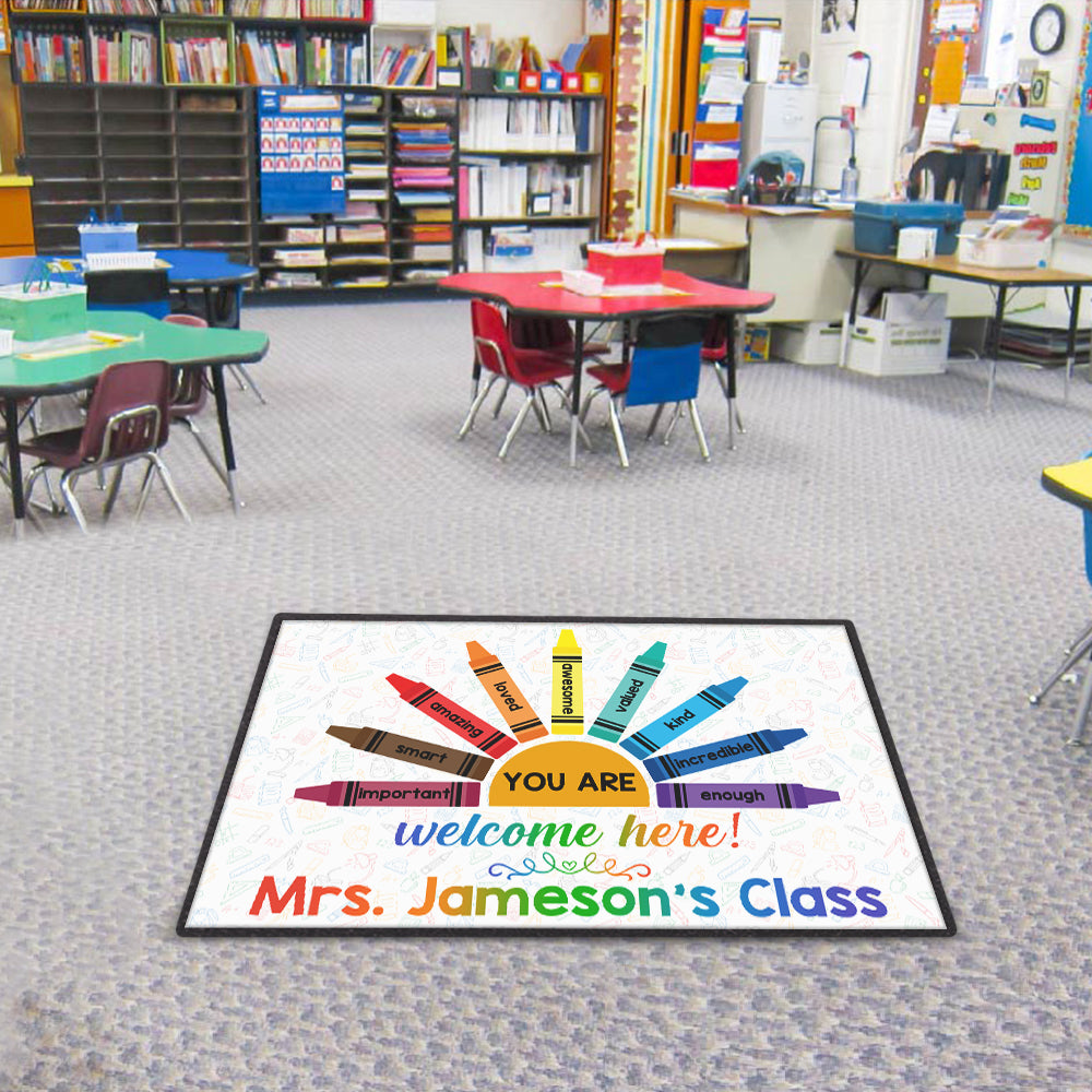 Crayons Classroom Doormat - Custom Teacher's Name - You are important, smart, amazing, loved, awesome, kind, enough - Doormat - GoDuckee