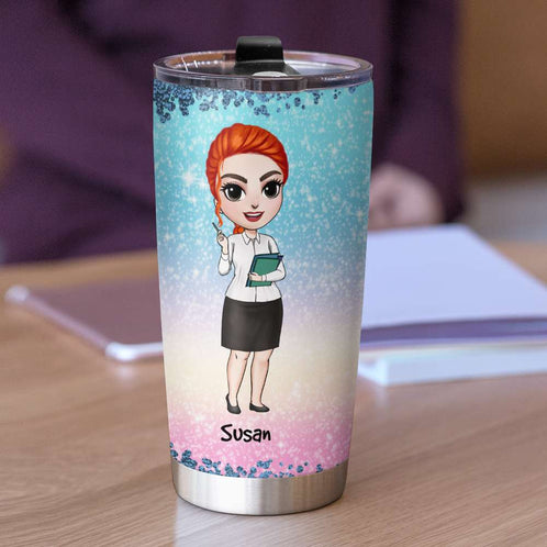 Personalized Teacher Dolls Tumbler - Two Titles Mom And Teacher - Chibi Teacher Front View - Tumbler Cup - GoDuckee