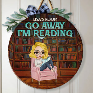 Go Away, I'm Reading - Personalized Round Wooden Sign - Gift For Book Lover - Girl Sitting Reading Book - Wood Sign - GoDuckee