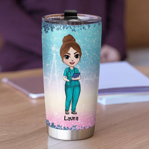 Personalized Nurse Dolls Tumbler - Two Titles Mom And Nurse - Chibi Nurse Front View - Tumbler Cup - GoDuckee