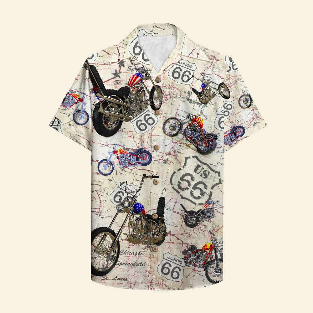 Biker Hawaiian Shirt - Vintage Motorcycle Route 66 Pattern - Hawaiian Shirts - GoDuckee