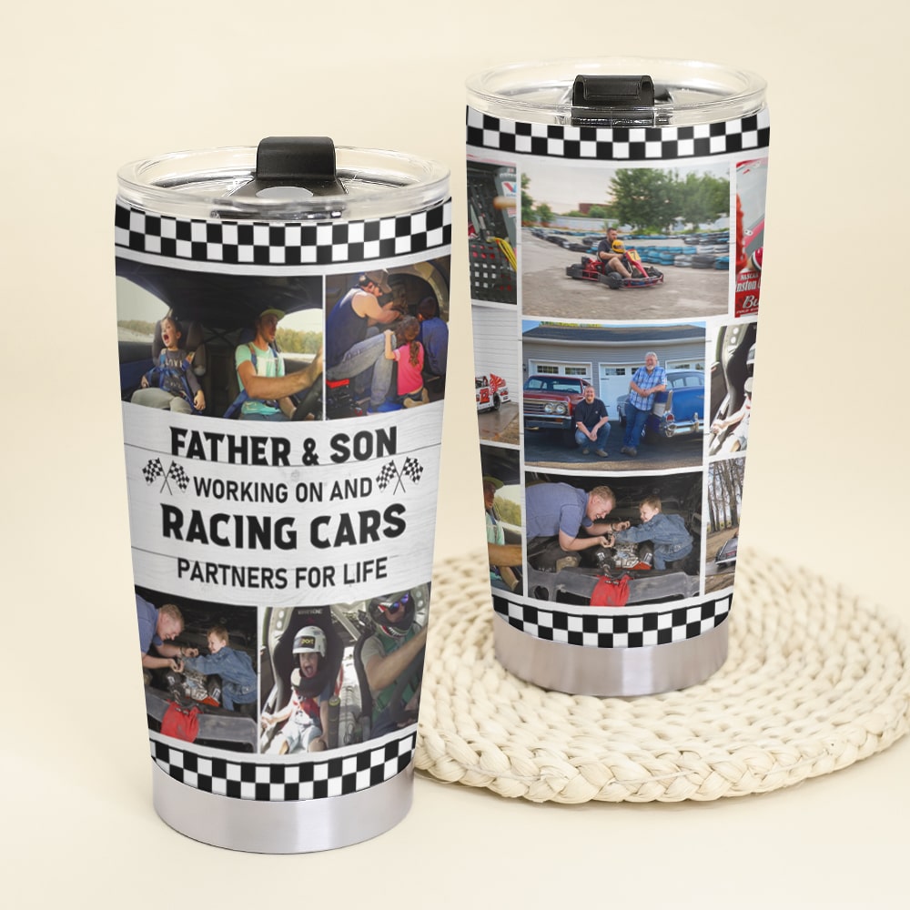 Personalized Racing Father and Son Tumbler - Working on and racing car -  GoDuckee