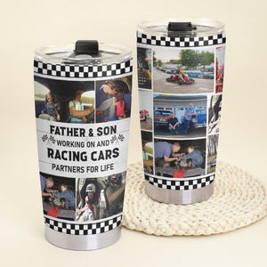 Father & Son Working On And Racing Cars Partners For Life - Custom Racing Dad Tumbler - Gift For Family - Tumbler Cup - GoDuckee