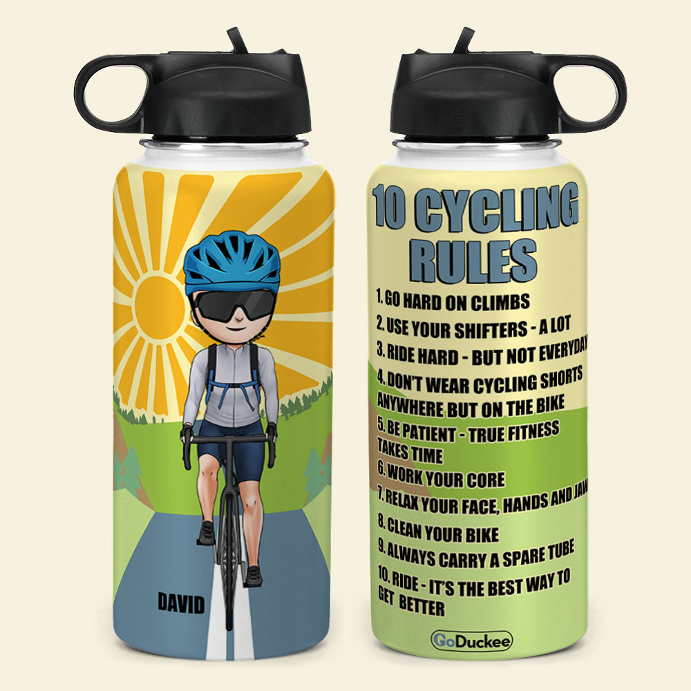 Personalized Cycling Man Water Bottle - 10 Cycling Rules - Water Bottles - GoDuckee