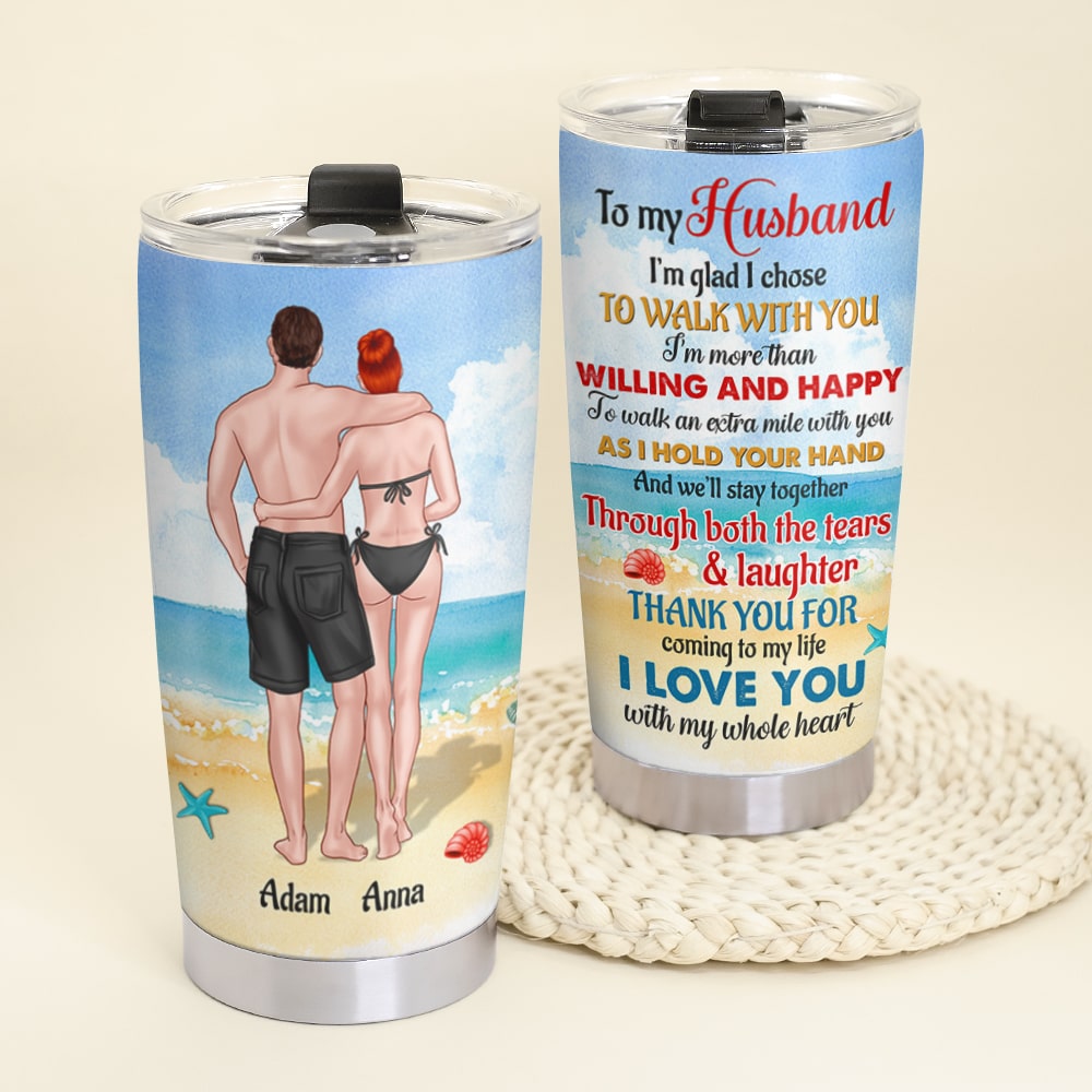 Beach Couple I'm Glad I Chose To Walk With You Personalized Tumbler Cup Gift For Couple - Tumbler Cup - GoDuckee