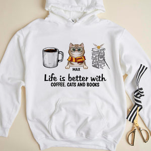 Life Is Better With Coffee, Cats And Books Personalized Book Cat Shirt Gift For Cat Lovers - Shirts - GoDuckee