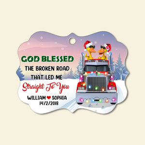 God Blessed The Broken Road - Personalized Christmas Ornament - Gifts for Couple Trucker - Duck Couple Wearing Sunglasses - Ornament - GoDuckee